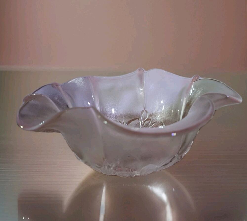Vintage Mikasa Pink Rosella Bowl Crystal Rose Ruffled Edge Frosted Candy Dish
